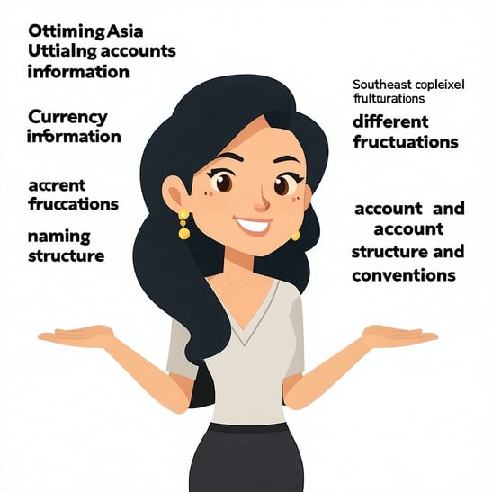 A cartoonstyle woman with long dark hair wearing a light top and earrings gestures toward regional complexities in handling Southeast Asian accounts Obtaining accounts information currency fluctuations different account structure and naming conventio