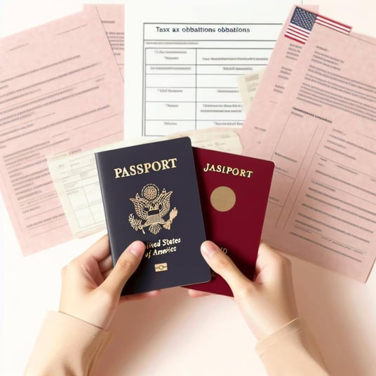 An image of a person holding two passports, one Japanese and one from another country, with a look of concern on their face. face.