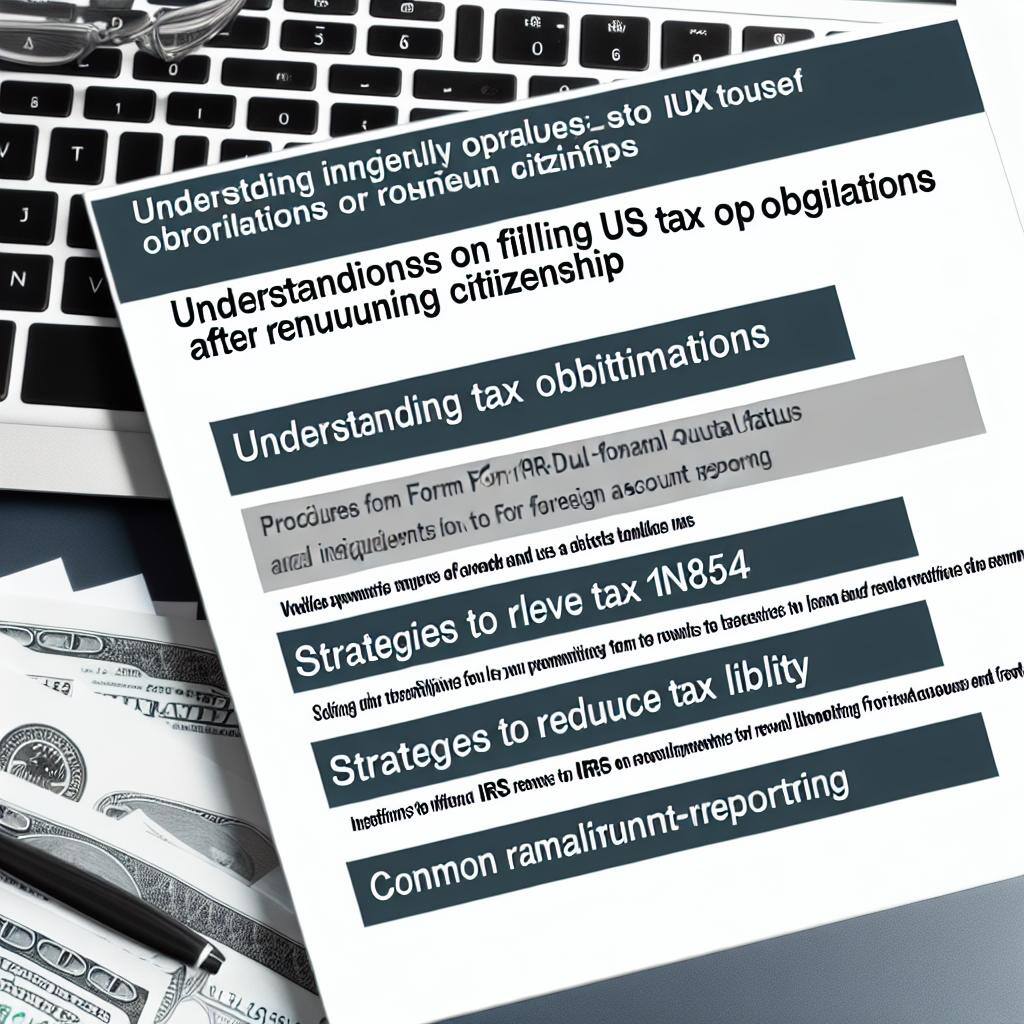 The image is a detailed and informative article or blog post about navigating US tax obligations after renouncing citizenship, including understanding
