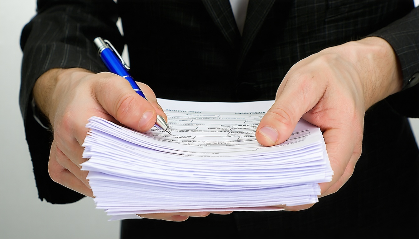 A person holding a stack of forms and a pen, symbo